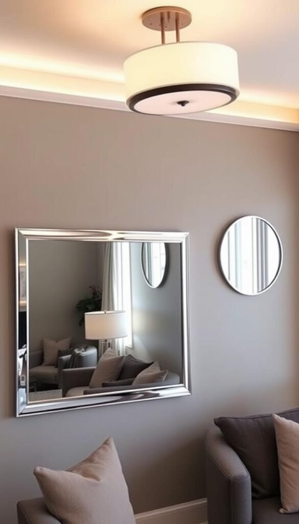 A cozy and inviting small living room with strategic mirror placement to amplify natural light. In the foreground, a large rectangular mirror with a sleek silver frame is mounted on the wall, reflecting the room's furnishings and creating an illusion of depth. In the middle ground, two smaller round mirrors are positioned on adjacent walls, further enhancing the sense of openness and luminosity. Soft, diffused lighting from a contemporary ceiling fixture casts a warm glow, accentuating the reflective surfaces. The background features minimalist decor, including neutral-toned furniture and accents, allowing the mirrors to take center stage. The overall atmosphere is one of sophistication, serenity, and a feeling of expansiveness in a compact space.