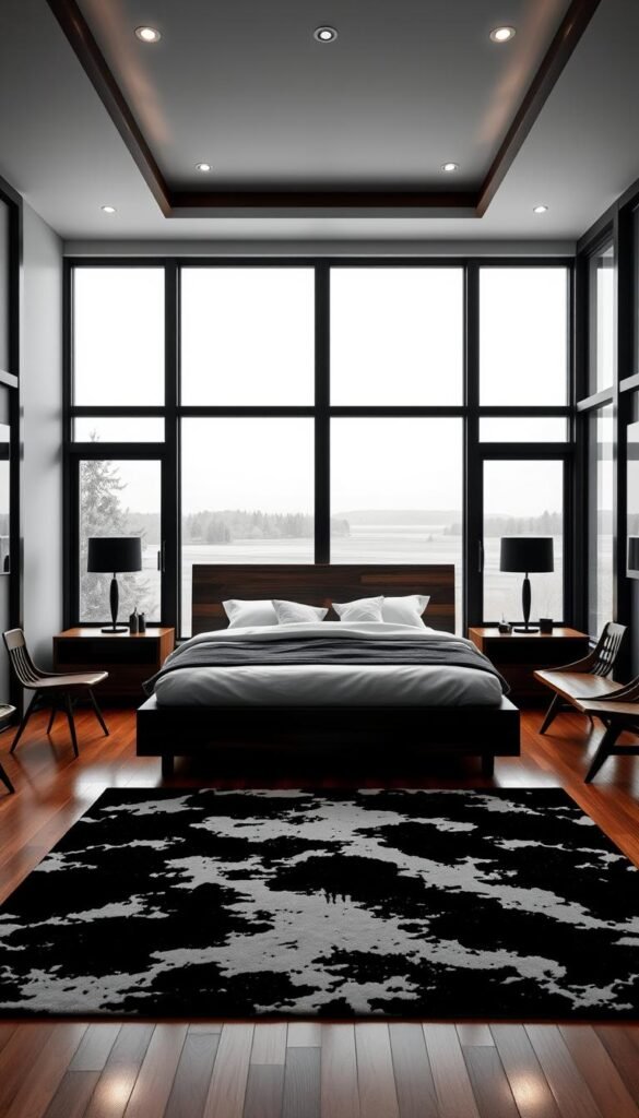 A cozy and serene black and white bedroom with warm wood accents. The focal point is a minimalist platform bed with a dark wooden headboard, framed by two tall wooden nightstands with sleek black lamps. The hardwood floor is partially covered by a large monochrome area rug, complemented by a couple of wooden chairs and a bench in the corner. Soft lighting from recessed ceiling fixtures and the lamps casts a gentle glow, creating a tranquil atmosphere. Large windows overlook a serene outdoor landscape, allowing natural light to filter in. The overall vibe is one of understated elegance and sophisticated, modern simplicity. A cozy and serene black and white bedroom with warm wood accents. The focal point is a minimalist platform bed with a dark wooden headboard, framed by two tall wooden nightstands with sleek black lamps. The hardwood floor is partially covered by a large monochrome area rug, complemented by a couple of wooden chairs and a bench in the corner. Soft lighting from recessed ceiling fixtures and the lamps casts a gentle glow, creating a tranquil atmosphere. Large windows overlook a serene outdoor landscape, allowing natural light to filter in. The overall vibe is one of understated elegance and sophisticated, modern simplicity.
