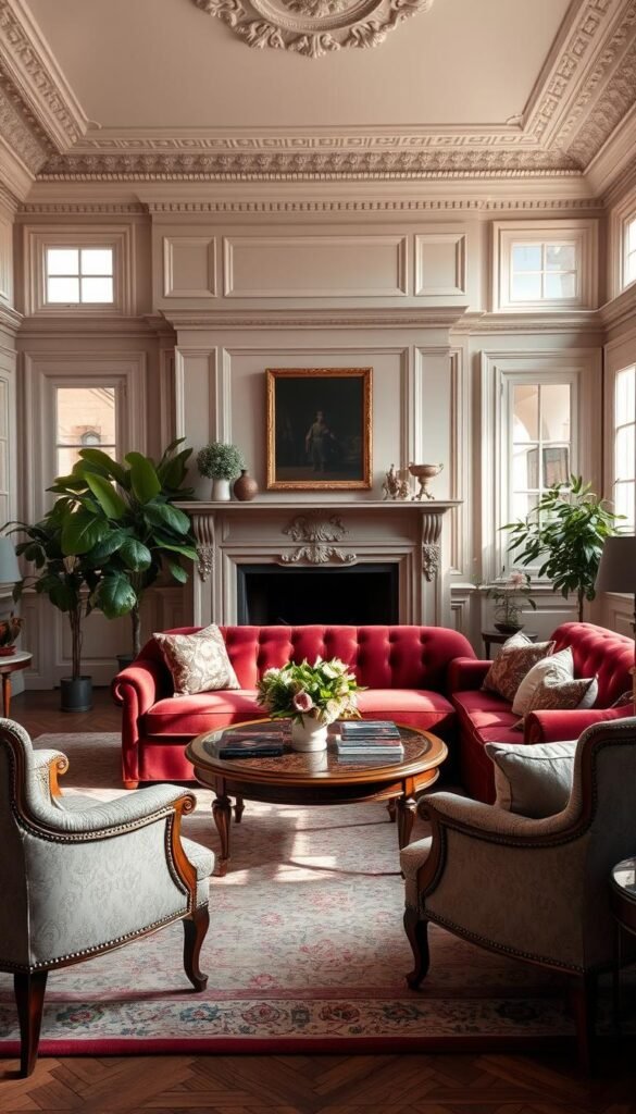 A cozy and sophisticated Parisian living room bathed in warm, natural light filtering through large windows. A plush, velvet sofa in a rich burgundy hue takes center stage, flanked by a pair of elegant, high-backed armchairs upholstered in a muted floral pattern. A polished, antique-inspired coffee table with intricate metalwork stands before a grand, ornate fireplace. Intricate crown molding and paneled walls in a soft, neutral palette create an atmosphere of timeless refinement. Lush potted plants and a mix of vintage and modern accessories add layers of texture and visual interest. The scene exudes a sense of effortless sophistication and Parisian chic.