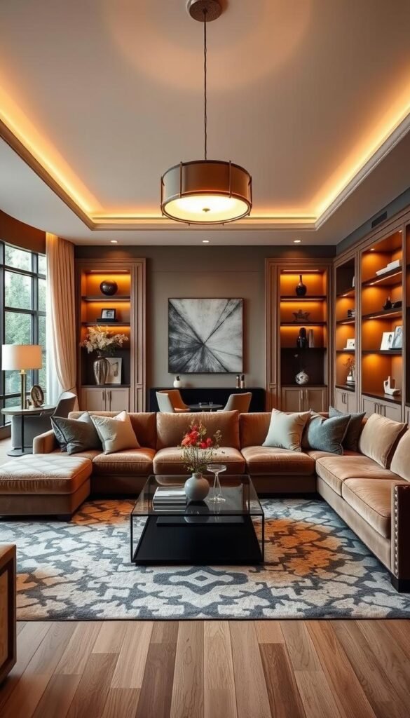 A cozy and sophisticated luxury living room with a strategic layout. The room features warm lighting from a modern pendant fixture, casting a soft glow over the space. In the foreground, a plush sectional sofa with velvet upholstery invites relaxation, complemented by a stylish coffee table with a glass top. The middle ground showcases a statement area rug with a geometric pattern, anchoring the seating arrangement. Along the walls, built-in shelving units display decorative accents and personal mementos, creating a sense of depth and visual interest. Large windows in the background allow natural light to flood the room, blending seamlessly with the overall elegantly refined aesthetic.