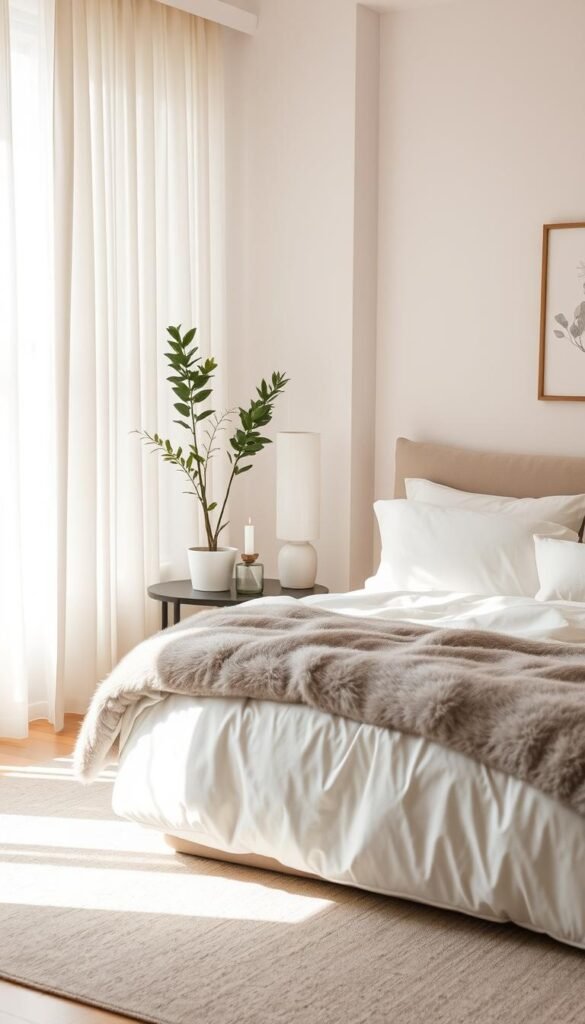 A cozy and tranquil bedroom retreat, bathed in soft, natural lighting filtering through sheer curtains. A plush, inviting king-sized bed with crisp white linens and a fluffy, gray duvet takes center stage. Minimal, soothing decor - a few potted plants, a sleek bedside table with a single candle, and a subtle piece of abstract wall art. The room exudes a sense of simplicity and calm, free from distractions and clutter. Warm, muted tones and clean lines create a serene, restorative atmosphere, perfect for unwinding and relaxing. A cozy and tranquil bedroom retreat, bathed in soft, natural lighting filtering through sheer curtains. A plush, inviting king-sized bed with crisp white linens and a fluffy, gray duvet takes center stage. Minimal, soothing decor - a few potted plants, a sleek bedside table with a single candle, and a subtle piece of abstract wall art. The room exudes a sense of simplicity and calm, free from distractions and clutter. Warm, muted tones and clean lines create a serene, restorative atmosphere, perfect for unwinding and relaxing.