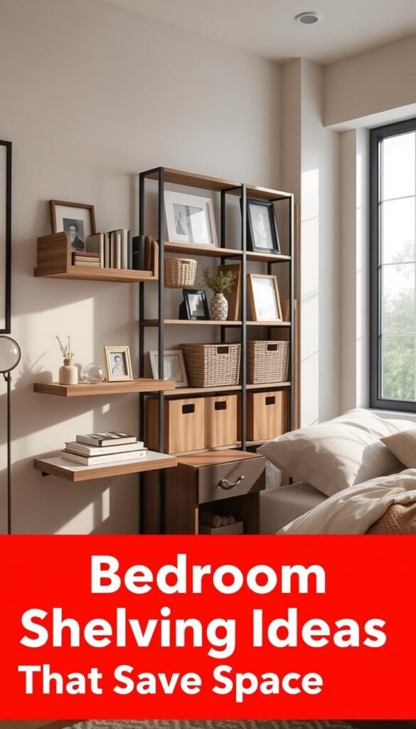 A cozy and well-organized bedroom with practical shelving solutions. In the foreground, a minimalist nightstand with floating shelves displaying decorative elements and books. The middle ground features a wall-mounted shelving unit with cubbies, baskets, and frames, providing ample storage and display space. The background showcases a large window, allowing natural light to filter in and create a serene, airy atmosphere. The lighting is soft and diffused, creating a warm, inviting ambiance. The overall composition emphasizes efficient storage, clean lines, and a harmonious balance between form and function, perfectly suited for the "Clever Bedroom Shelving Ideas That Save Space" section. A cozy and well-organized bedroom with practical shelving solutions. In the foreground, a minimalist nightstand with floating shelves displaying decorative elements and books. The middle ground features a wall-mounted shelving unit with cubbies, baskets, and frames, providing ample storage and display space. The background showcases a large window, allowing natural light to filter in and create a serene, airy atmosphere. The lighting is soft and diffused, creating a warm, inviting ambiance. The overall composition emphasizes efficient storage, clean lines, and a harmonious balance between form and function, perfectly suited for the "Clever Bedroom Shelving Ideas That Save Space" section.