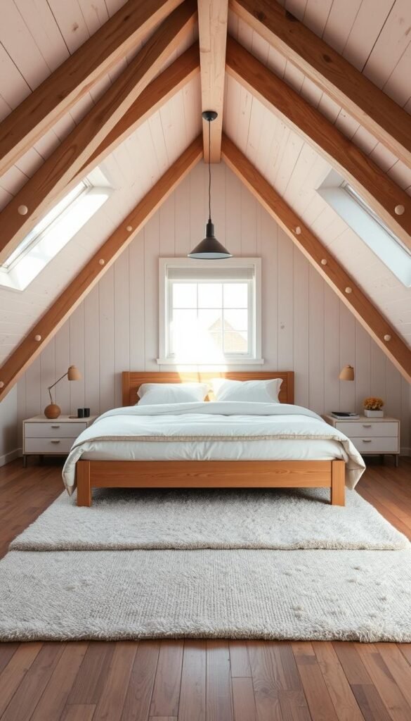 A cozy attic bedroom with a central king-size bed, its soft linens and pillows illuminated by warm, natural light filtering through dormer windows. The bed is positioned at the center of the room, its wooden frame in a natural finish complementing the exposed beams and whitewashed wooden walls. A plush area rug in a neutral tone grounds the space, while minimalist nightstands and a simple pendant light fixture above the bed create a refined, uncluttered aesthetic. Inviting and serene, this attic retreat maximizes the awkward angles and nooks, showcasing the architectural charm of the space. A cozy attic bedroom with a central king-size bed, its soft linens and pillows illuminated by warm, natural light filtering through dormer windows. The bed is positioned at the center of the room, its wooden frame in a natural finish complementing the exposed beams and whitewashed wooden walls. A plush area rug in a neutral tone grounds the space, while minimalist nightstands and a simple pendant light fixture above the bed create a refined, uncluttered aesthetic. Inviting and serene, this attic retreat maximizes the awkward angles and nooks, showcasing the architectural charm of the space.