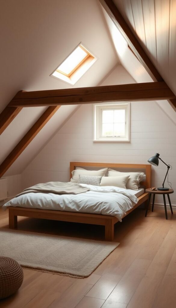 A cozy attic bedroom with a low-profile, minimalist wood-framed bed nestled beneath the slanted ceiling. Soft, warm lighting filters in through a dormer window, casting a gentle glow on the exposed wooden beams and whitewashed walls. Plush bedding and an array of neutral-toned textiles create a serene, uncluttered ambiance. The bed's compact design maximizes the available floor space, allowing for easy movement and a sense of openness within the intimate, angled confines of the attic setting. A small side table and floor lamp provide essential functionality without compromising the room's clean, unobtrusive aesthetic. A cozy attic bedroom with a low-profile, minimalist wood-framed bed nestled beneath the slanted ceiling. Soft, warm lighting filters in through a dormer window, casting a gentle glow on the exposed wooden beams and whitewashed walls. Plush bedding and an array of neutral-toned textiles create a serene, uncluttered ambiance. The bed's compact design maximizes the available floor space, allowing for easy movement and a sense of openness within the intimate, angled confines of the attic setting. A small side table and floor lamp provide essential functionality without compromising the room's clean, unobtrusive aesthetic.