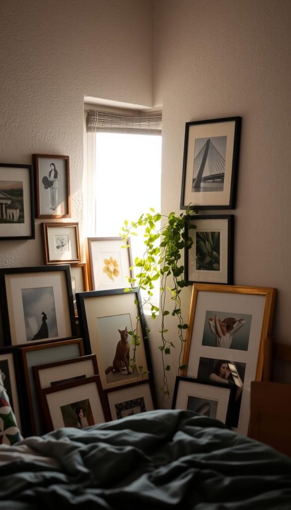 A cozy bedroom corner with a leaning wall decor arrangement. In the foreground, an assortment of framed art pieces in various sizes and styles, some resting against the wall, others hung at playful angles. The middle ground features a lush, trailing plant cascading down the wall, adding a touch of organic texture. Soft, diffused lighting from a nearby window casts a warm, inviting glow, accentuating the depth and layers of the display. The background showcases a neutral-toned, textured wall, providing a minimalist backdrop that allows the curated artwork to take center stage. The overall effect is a visually striking, effortlessly styled display that adds depth and visual interest to the bedroom space. A cozy bedroom corner with a leaning wall decor arrangement. In the foreground, an assortment of framed art pieces in various sizes and styles, some resting against the wall, others hung at playful angles. The middle ground features a lush, trailing plant cascading down the wall, adding a touch of organic texture. Soft, diffused lighting from a nearby window casts a warm, inviting glow, accentuating the depth and layers of the display. The background showcases a neutral-toned, textured wall, providing a minimalist backdrop that allows the curated artwork to take center stage. The overall effect is a visually striking, effortlessly styled display that adds depth and visual interest to the bedroom space.