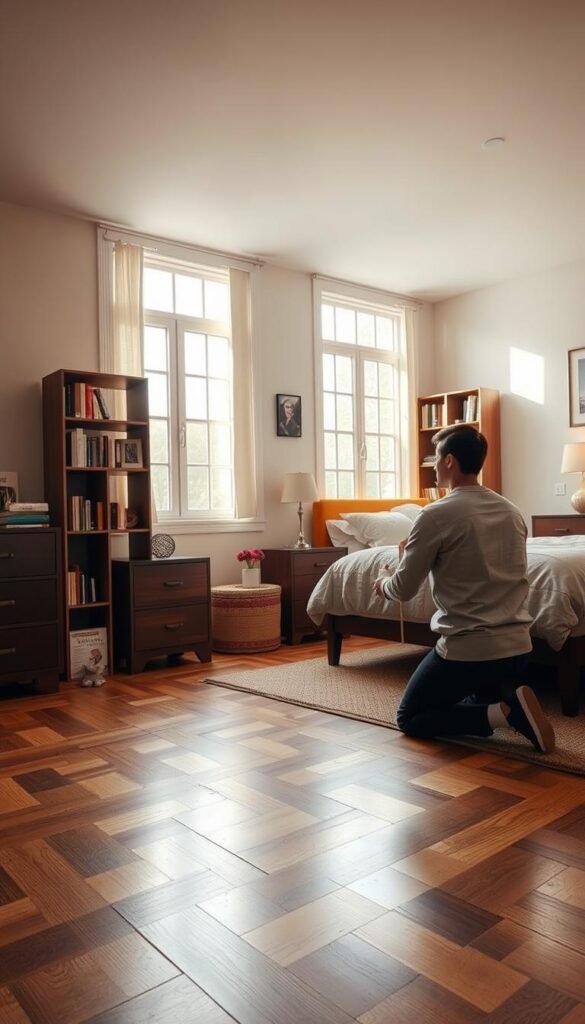 A cozy bedroom interior with warm, natural lighting filtering in through large windows. In the foreground, a person is kneeling on the floor, carefully measuring the available wall space and visualizing the placement of a bookshelf. The middle ground features the bedroom's furnishings - a neatly made bed, nightstands, and a dresser. The background showcases the overall layout of the room, hinting at the book collection the person is planning to accommodate. The atmosphere is one of thoughtful consideration, as the person aims to create an efficient and aesthetically pleasing storage solution within the confines of the bedroom space. A cozy bedroom interior with warm, natural lighting filtering in through large windows. In the foreground, a person is kneeling on the floor, carefully measuring the available wall space and visualizing the placement of a bookshelf. The middle ground features the bedroom's furnishings - a neatly made bed, nightstands, and a dresser. The background showcases the overall layout of the room, hinting at the book collection the person is planning to accommodate. The atmosphere is one of thoughtful consideration, as the person aims to create an efficient and aesthetically pleasing storage solution within the confines of the bedroom space.