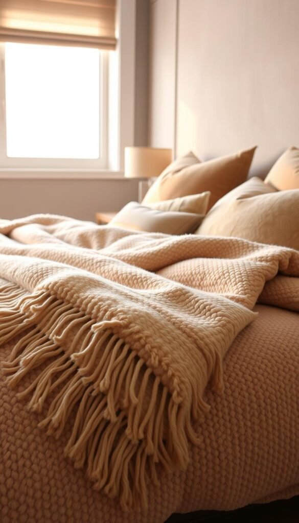 A cozy bedroom scene with a plush, layered textured bed. In the foreground, an inviting throw blanket in a soft, neutral hue cascades over the bed, its fringed edges adding tactile interest. Plump, oversized pillows in complementary patterns and textures flank the bed, their details accentuated by warm, directional lighting from a large window. The background features a subtle, textured wallpaper or paneling, adding depth and visual richness to the space. The overall atmosphere is one of comfort, coziness, and a harmonious interplay of luxurious materials and soothing tones. A cozy bedroom scene with a plush, layered textured bed. In the foreground, an inviting throw blanket in a soft, neutral hue cascades over the bed, its fringed edges adding tactile interest. Plump, oversized pillows in complementary patterns and textures flank the bed, their details accentuated by warm, directional lighting from a large window. The background features a subtle, textured wallpaper or paneling, adding depth and visual richness to the space. The overall atmosphere is one of comfort, coziness, and a harmonious interplay of luxurious materials and soothing tones.
