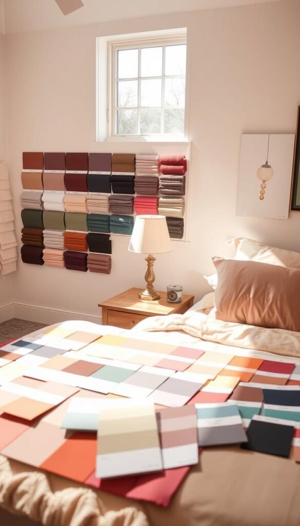 A cozy bedroom setting with a carefully curated color palette displayed on the walls. A large window floods the room with natural light, casting a warm glow over the various swatches and samples. In the foreground, an array of paint chips and fabric samples are arranged neatly, showcasing a harmonious range of hues from soft neutrals to rich, jewel-toned accents. In the middle ground, a wooden bedside table holds a table lamp, adding a touch of ambient lighting and casting subtle shadows. The background features a neatly made bed with plush bedding in complementary colors, creating a serene and inviting atmosphere. The overall composition emphasizes the importance of thoughtful color selection in achieving a cohesive and visually pleasing bedroom design.