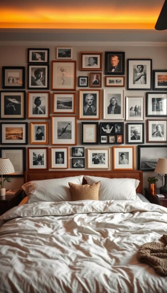 A cozy bedroom with a meticulously curated gallery wall, showcasing a harmonious blend of framed artwork, personal photographs, and decorative accents. The wall is illuminated by warm, soft lighting, creating a welcoming and intimate atmosphere. The frames vary in size, shape, and style, reflecting the owner's eclectic taste and personal story. In the foreground, a plush bed with luxurious bedding invites the viewer to step into this serene, visually captivating space. The overall composition strikes a balance between artful display and comfortable living, resulting in a bedroom that feels both visually striking and deeply personal. A cozy bedroom with a meticulously curated gallery wall, showcasing a harmonious blend of framed artwork, personal photographs, and decorative accents. The wall is illuminated by warm, soft lighting, creating a welcoming and intimate atmosphere. The frames vary in size, shape, and style, reflecting the owner's eclectic taste and personal story. In the foreground, a plush bed with luxurious bedding invites the viewer to step into this serene, visually captivating space. The overall composition strikes a balance between artful display and comfortable living, resulting in a bedroom that feels both visually striking and deeply personal.