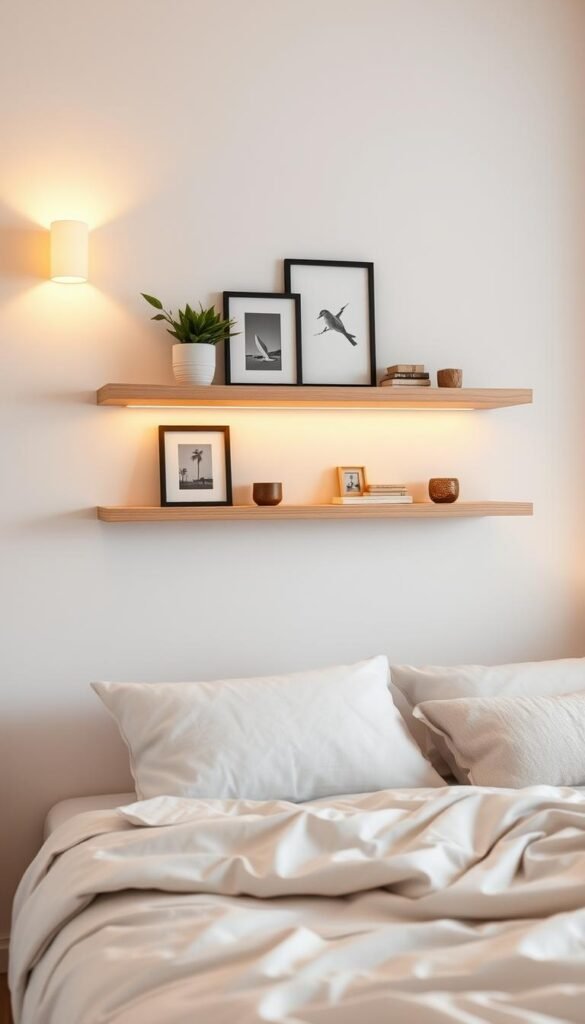 A cozy bedroom with a minimalist floating shelf above the bed, adorned with artful decor. The shelf displays an arrangement of decorative objects - a small potted plant, a framed artwork, and a few small trinkets. Soft, warm lighting from a wall sconce casts a gentle glow, creating a serene and inviting atmosphere. The shelf's clean lines and natural wood finish complement the neutral color palette of the room, drawing the eye upwards to create visual interest and a sense of elevated style. The angle captures the shelf at eye-level, showcasing its elegant simplicity and functionality as a versatile display space. A cozy bedroom with a minimalist floating shelf above the bed, adorned with artful decor. The shelf displays an arrangement of decorative objects - a small potted plant, a framed artwork, and a few small trinkets. Soft, warm lighting from a wall sconce casts a gentle glow, creating a serene and inviting atmosphere. The shelf's clean lines and natural wood finish complement the neutral color palette of the room, drawing the eye upwards to create visual interest and a sense of elevated style. The angle captures the shelf at eye-level, showcasing its elegant simplicity and functionality as a versatile display space.