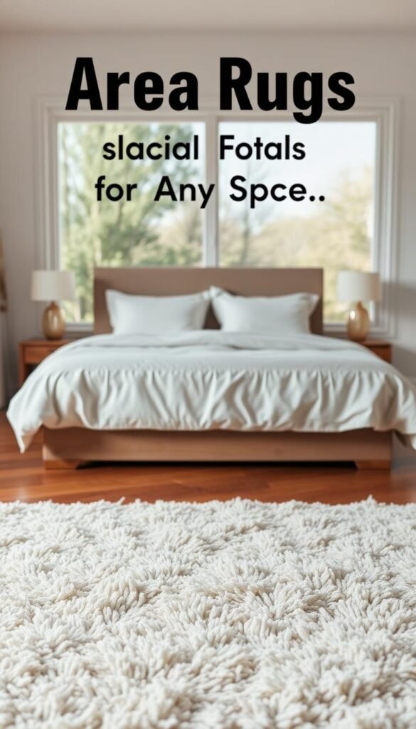 A cozy bedroom with a plush, soft area rug in the foreground, its textured fibers inviting you to sink your toes in. The rug is layered atop a hardwood floor, creating a warm, harmonious contrast. In the middle ground, a neatly made bed with crisp white linens and fluffy pillows, framed by wooden nightstands and a minimalist lamp. The background features a large window, allowing natural light to filter in and bathe the space in a gentle, soothing glow. The overall atmosphere is one of tranquility and comfort, perfectly capturing the essence of "Area Rugs: Flexible Solutions for Any Space". A cozy bedroom with a plush, soft area rug in the foreground, its textured fibers inviting you to sink your toes in. The rug is layered atop a hardwood floor, creating a warm, harmonious contrast. In the middle ground, a neatly made bed with crisp white linens and fluffy pillows, framed by wooden nightstands and a minimalist lamp. The background features a large window, allowing natural light to filter in and bathe the space in a gentle, soothing glow. The overall atmosphere is one of tranquility and comfort, perfectly capturing the essence of "Area Rugs: Flexible Solutions for Any Space".