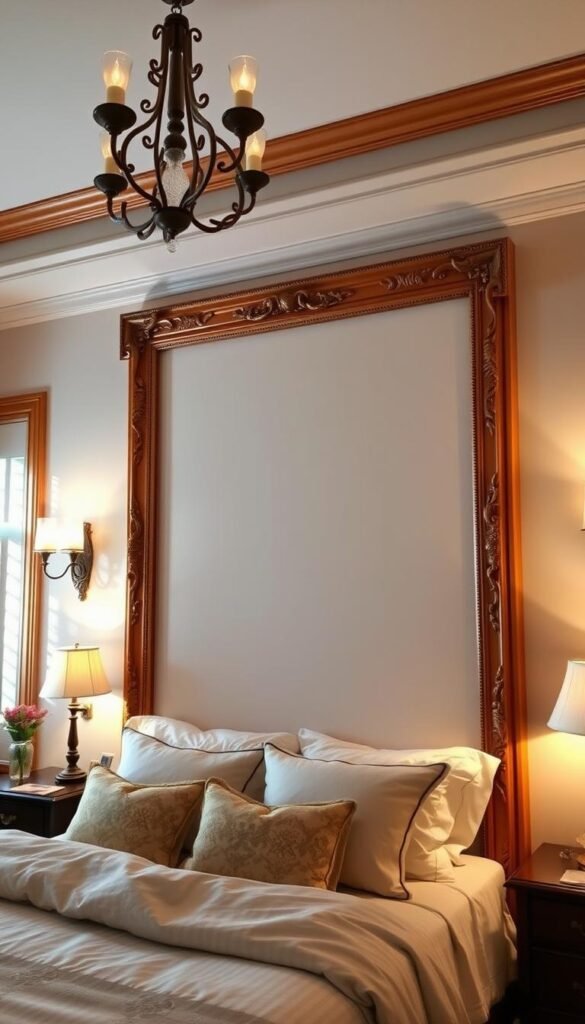 A cozy bedroom with a prominent wooden picture frame molding adorning the walls, casting warm, inviting shadows. The frame molding is intricately detailed, with ornate carvings and a rich, honey-colored stain that complements the neutral color palette of the room. Soft, diffused lighting from sconces and a central chandelier illuminates the space, creating a serene and tranquil atmosphere. The molding draws the eye to the center of the room, establishing a strong focal point and adding depth and dimension to the otherwise simple wall design. The overall effect is one of elegance and sophistication, perfect for a relaxing and inviting bedroom retreat. A cozy bedroom with a prominent wooden picture frame molding adorning the walls, casting warm, inviting shadows. The frame molding is intricately detailed, with ornate carvings and a rich, honey-colored stain that complements the neutral color palette of the room. Soft, diffused lighting from sconces and a central chandelier illuminates the space, creating a serene and tranquil atmosphere. The molding draws the eye to the center of the room, establishing a strong focal point and adding depth and dimension to the otherwise simple wall design. The overall effect is one of elegance and sophistication, perfect for a relaxing and inviting bedroom retreat.