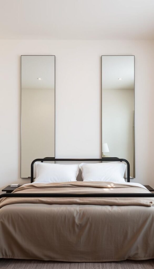 A cozy bedroom with a sleek, minimalist design. In the foreground, a comfortable double bed is flanked by two tall, narrow mirrors that create the illusion of a wider, more spacious room. The mirrors are set against a pale, neutral wall, reflecting the natural light from the windows and creating a sense of depth and luminosity. The overall atmosphere is one of tranquility and relaxation, with soft, warm lighting that enhances the inviting ambiance. The clean lines and uncluttered aesthetic of the mirrors and bed frame work together to make the space feel larger and more open, perfect for a serene and rejuvenating bedroom retreat.
