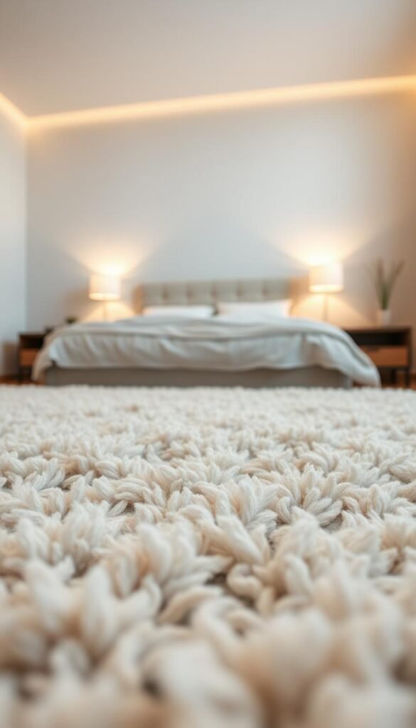 A cozy bedroom with a soft, luxurious rug in the foreground. The rug is made of high-quality materials, such as plush wool, silky viscose, or durable synthetic fibers. The textures are inviting and pleasantly tactile, perfect for sinking your toes into. The lighting is warm and diffused, creating a serene, relaxing ambiance. The rug is laid atop a hardwood or tile floor, complementing the room's overall design. In the background, a minimalist bed frame and nightstands set the stage for a peaceful, rejuvenating sleep. A cozy bedroom with a soft, luxurious rug in the foreground. The rug is made of high-quality materials, such as plush wool, silky viscose, or durable synthetic fibers. The textures are inviting and pleasantly tactile, perfect for sinking your toes into. The lighting is warm and diffused, creating a serene, relaxing ambiance. The rug is laid atop a hardwood or tile floor, complementing the room's overall design. In the background, a minimalist bed frame and nightstands set the stage for a peaceful, rejuvenating sleep.