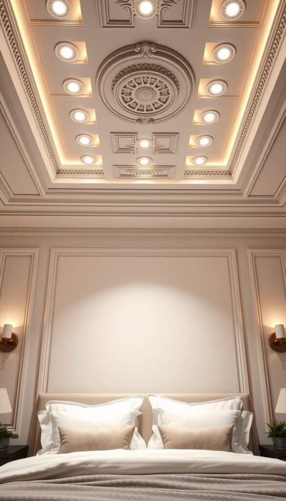 A cozy bedroom with a stunning ceiling treatment, featuring an intricate pattern of recessed lighting and decorative moldings. The soft, warm glow creates a serene and inviting ambiance, perfect for a relaxing retreat. Elegant sconces flank the sides, casting a gentle illumination across the space. The high-quality, matte-finish ceiling panels are meticulously crafted, with a subtle sheen that adds depth and visual interest. Plush bedding and pillows in neutral tones complement the tranquil atmosphere, while a few potted plants on the nightstands bring a touch of natural charm. The overall composition exudes a sense of sophisticated comfort, making this the ideal setting for a restful night's sleep.