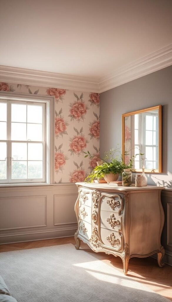 A cozy bedroom with a stunning wallpaper feature wall in a soft, muted palette. The wallpaper has an elegant, hand-painted floral pattern that creates a sense of depth and texture. The rest of the walls are painted in a complementary light gray shade, adding a soothing, calming atmosphere. A large window floods the room with warm, natural lighting, casting a soft glow on the scene. In the foreground, an ornate, vintage-inspired dresser with intricate details stands as a focal point, its surface adorned with lush greenery and decorative accents. The overall mood is one of serene sophistication, inviting the viewer to imagine themselves relaxing in this tranquil, beautifully designed space. A cozy bedroom with a stunning wallpaper feature wall in a soft, muted palette. The wallpaper has an elegant, hand-painted floral pattern that creates a sense of depth and texture. The rest of the walls are painted in a complementary light gray shade, adding a soothing, calming atmosphere. A large window floods the room with warm, natural lighting, casting a soft glow on the scene. In the foreground, an ornate, vintage-inspired dresser with intricate details stands as a focal point, its surface adorned with lush greenery and decorative accents. The overall mood is one of serene sophistication, inviting the viewer to imagine themselves relaxing in this tranquil, beautifully designed space.