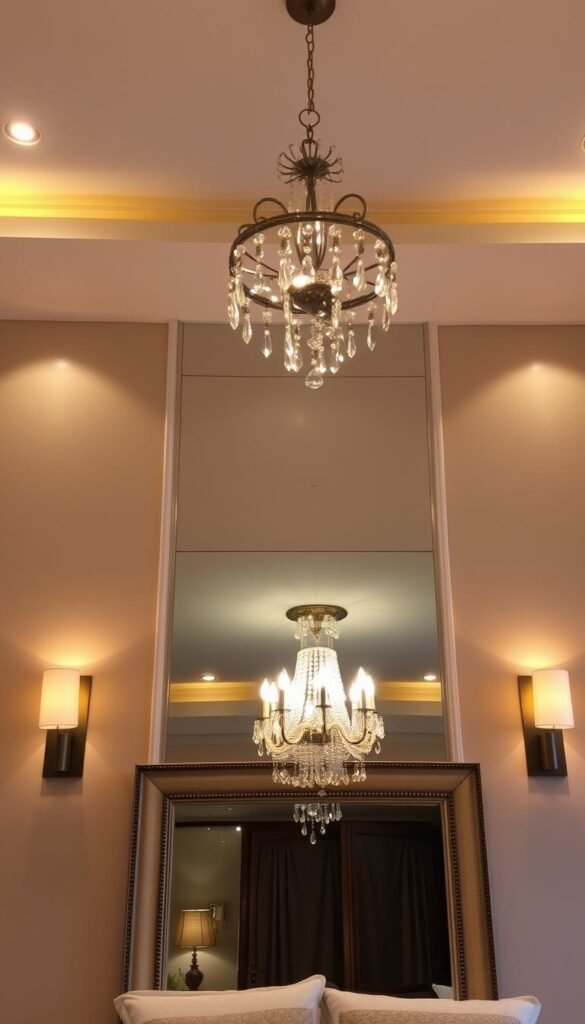 A cozy bedroom with an elegant wall adorned with a variety of lighting fixtures. In the foreground, a pair of modern sconces flanking a large, ornate mirror casts a warm, inviting glow. In the middle ground, a statement chandelier with cascading crystals hangs from the ceiling, casting a soft, ambient light. The background features a mixture of recessed lighting and wall-mounted fixtures, creating a layered, atmospheric lighting scheme. The overall mood is one of refined sophistication, with the lighting serving as the focal point and a key design element. A cozy bedroom with an elegant wall adorned with a variety of lighting fixtures. In the foreground, a pair of modern sconces flanking a large, ornate mirror casts a warm, inviting glow. In the middle ground, a statement chandelier with cascading crystals hangs from the ceiling, casting a soft, ambient light. The background features a mixture of recessed lighting and wall-mounted fixtures, creating a layered, atmospheric lighting scheme. The overall mood is one of refined sophistication, with the lighting serving as the focal point and a key design element.