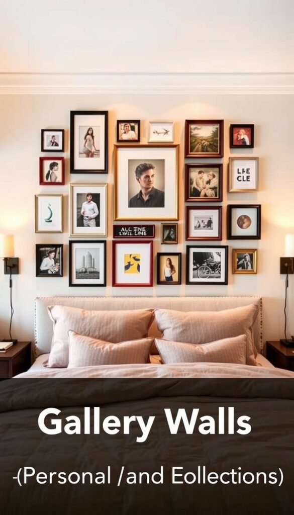 A cozy bedroom with an eye-catching gallery wall above the bed. The wall features a curated collection of framed artworks, photographs, and decorative pieces arranged in a visually striking layout. The frames vary in size, shape, and style, creating a harmonious yet eclectic display. Warm, diffused lighting from sconces on either side of the bed casts a soft glow, enhancing the inviting atmosphere. The bed is dressed in plush, neutral bedding, providing a clean backdrop to let the gallery wall take center stage. The overall scene exudes a sense of personal style and relaxed sophistication, perfectly suited for the "Gallery Walls: Personal and Eclectic Collections" section. A cozy bedroom with an eye-catching gallery wall above the bed. The wall features a curated collection of framed artworks, photographs, and decorative pieces arranged in a visually striking layout. The frames vary in size, shape, and style, creating a harmonious yet eclectic display. Warm, diffused lighting from sconces on either side of the bed casts a soft glow, enhancing the inviting atmosphere. The bed is dressed in plush, neutral bedding, providing a clean backdrop to let the gallery wall take center stage. The overall scene exudes a sense of personal style and relaxed sophistication, perfectly suited for the "Gallery Walls: Personal and Eclectic Collections" section.