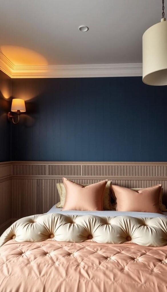 A cozy bedroom with beaded-board wainscoting that stretches halfway up the walls, creating a bold contrast with the upper walls painted in a rich, jewel-toned hue. Soft, diffused lighting from sconces and a pendant fixture casts a warm glow, accentuating the intricate texture of the weathered wood paneling. In the foreground, a plush, tufted headboard and luxurious bedding in complementary shades invite you to sink into the comfort of this inviting space. The overall atmosphere is one of timeless elegance, where the classic beadboard design is given a modern twist for a fresh, sophisticated look. A cozy bedroom with beaded-board wainscoting that stretches halfway up the walls, creating a bold contrast with the upper walls painted in a rich, jewel-toned hue. Soft, diffused lighting from sconces and a pendant fixture casts a warm glow, accentuating the intricate texture of the weathered wood paneling. In the foreground, a plush, tufted headboard and luxurious bedding in complementary shades invite you to sink into the comfort of this inviting space. The overall atmosphere is one of timeless elegance, where the classic beadboard design is given a modern twist for a fresh, sophisticated look.