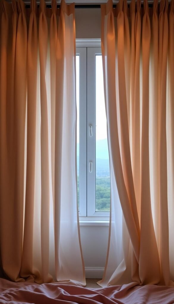 A cozy bedroom with lush, flowing curtains in soft, calming hues. The curtains cascade elegantly, their folds and textures creating a sense of warmth and tranquility. The lighting is gentle, casting a soothing glow that enhances the colors and creates a serene atmosphere. The curtains frame a window overlooking a serene landscape, further adding to the peaceful ambiance. The overall color palette is a harmonious blend of muted tones, inviting relaxation and mindfulness. The curtains are the focal point, showcasing the power of color psychology in creating a restful, rejuvenating space.