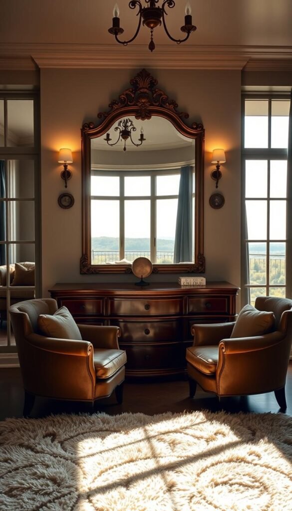 A cozy bedroom with strategic mirror placement for maximum light reflection. The focal point is a large, ornate mirror positioned above a wooden dresser, casting a warm glow throughout the space. Delicate sconces flank the mirror, illuminating the reflection and creating a sense of depth. In the foreground, a plush area rug and a pair of lush armchairs invite relaxation. The background features a tranquil landscape visible through large windows, diffusing natural light. The overall atmosphere is one of serene elegance, where the mirrors amplify the room's brightness and create an illusion of spaciousness.