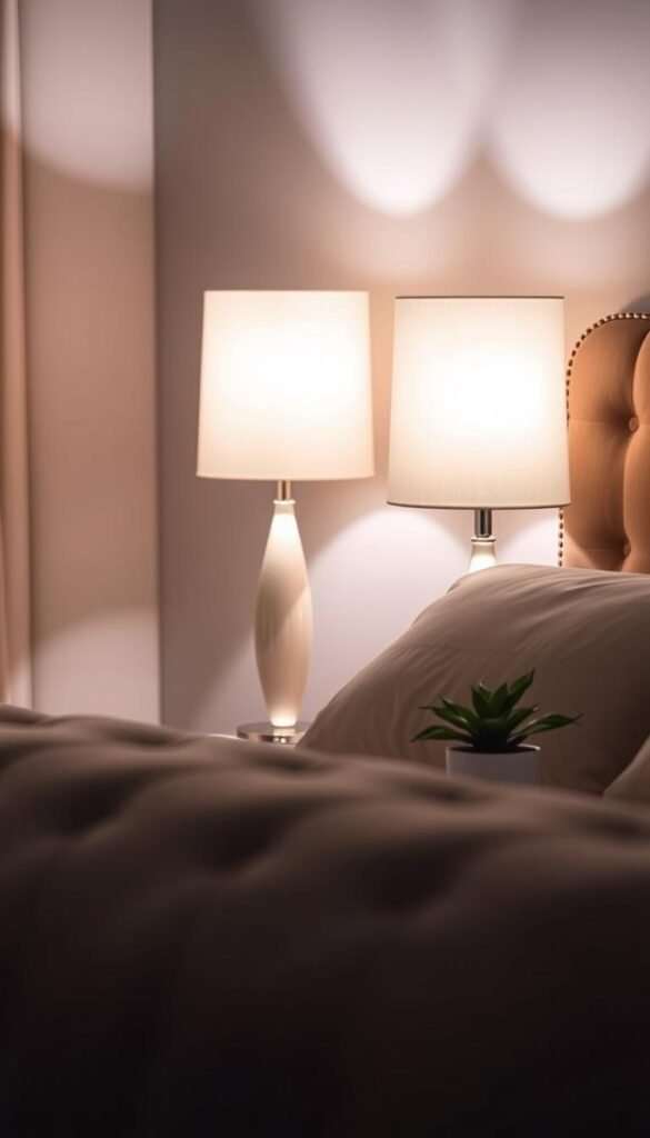 A cozy bedside scene with a pair of elegant table lamps casting a warm, intimate glow. Soft, diffused light emanates from the lamps, creating a soothing, relaxing ambiance. The lamps feature sleek, minimalist designs with fabric shades, complementing the bedroom's neutral color palette. In the foreground, a plush, tufted headboard frames the scene, while a nightstand with a small potted plant adds a touch of natural greenery. The background is blurred, allowing the lighting and bedside setup to be the focal point, drawing the viewer's attention to this inviting, mood-boosting space. A cozy bedside scene with a pair of elegant table lamps casting a warm, intimate glow. Soft, diffused light emanates from the lamps, creating a soothing, relaxing ambiance. The lamps feature sleek, minimalist designs with fabric shades, complementing the bedroom's neutral color palette. In the foreground, a plush, tufted headboard frames the scene, while a nightstand with a small potted plant adds a touch of natural greenery. The background is blurred, allowing the lighting and bedside setup to be the focal point, drawing the viewer's attention to this inviting, mood-boosting space.
