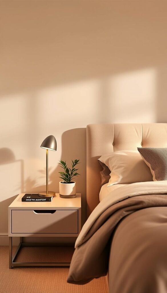 A cozy bedside setup with a pair of sleek, modern nightstands. The nightstands feature a clean, minimalist design with a smooth, matte finish, complementing the warm, neutral tones of the bedroom decor. Soft, indirect lighting casts a gentle glow, creating a tranquil and inviting atmosphere. On the nightstands, a table lamp with a subtle, contemporary silhouette and a small, potted plant add a touch of natural elegance. The nightstands are positioned on either side of a plush, tufted headboard, creating a balanced and harmonious bedside arrangement. A cozy bedside setup with a pair of sleek, modern nightstands. The nightstands feature a clean, minimalist design with a smooth, matte finish, complementing the warm, neutral tones of the bedroom decor. Soft, indirect lighting casts a gentle glow, creating a tranquil and inviting atmosphere. On the nightstands, a table lamp with a subtle, contemporary silhouette and a small, potted plant add a touch of natural elegance. The nightstands are positioned on either side of a plush, tufted headboard, creating a balanced and harmonious bedside arrangement.