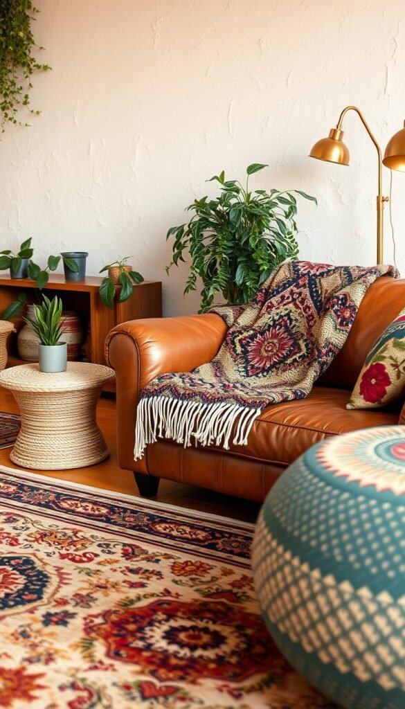 A cozy bohemian living room filled with a harmonious mix of natural textures and lively patterns. In the foreground, an ornate rug with a vintage-inspired design anchors the space, its earthy tones complementing the rich, weathered leather sofa. Draped over the sofa, a soft woven throw in a bold, geometric print adds visual interest. In the middle ground, a rattan side table and a potted plant with lush, cascading greenery create a relaxed, organic feel. The background features a textured, ivory-hued wall, allowing the vibrant colors and patterns to take center stage. Soft, diffused lighting from a brass floor lamp casts a warm, inviting glow throughout the scene, evoking a sense of comfort and character. A cozy bohemian living room filled with a harmonious mix of natural textures and lively patterns. In the foreground, an ornate rug with a vintage-inspired design anchors the space, its earthy tones complementing the rich, weathered leather sofa. Draped over the sofa, a soft woven throw in a bold, geometric print adds visual interest. In the middle ground, a rattan side table and a potted plant with lush, cascading greenery create a relaxed, organic feel. The background features a textured, ivory-hued wall, allowing the vibrant colors and patterns to take center stage. Soft, diffused lighting from a brass floor lamp casts a warm, inviting glow throughout the scene, evoking a sense of comfort and character.
