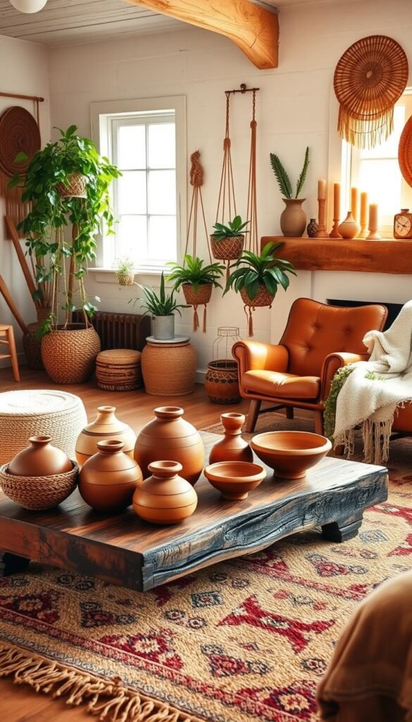 A cozy boho-inspired living room, bathed in warm, natural light filtering through large windows. In the foreground, a collection of handcrafted terracotta vases, woven baskets, and wooden trinket dishes are artfully arranged on a rustic, reclaimed wood coffee table. The middle ground features a plush, earthy-toned area rug complemented by a mix of natural fiber ottomans and a vintage leather armchair. Trailing vines and lush, verdant houseplants in macrame hangers add a touch of lush greenery, creating a tranquil, nature-inspired ambiance. The background hints at whitewashed walls adorned with woven wall hangings and a wooden mantel displaying artisanal pottery and candles, completing the harmonious, handcrafted aesthetic. A cozy boho-inspired living room, bathed in warm, natural light filtering through large windows. In the foreground, a collection of handcrafted terracotta vases, woven baskets, and wooden trinket dishes are artfully arranged on a rustic, reclaimed wood coffee table. The middle ground features a plush, earthy-toned area rug complemented by a mix of natural fiber ottomans and a vintage leather armchair. Trailing vines and lush, verdant houseplants in macrame hangers add a touch of lush greenery, creating a tranquil, nature-inspired ambiance. The background hints at whitewashed walls adorned with woven wall hangings and a wooden mantel displaying artisanal pottery and candles, completing the harmonious, handcrafted aesthetic.