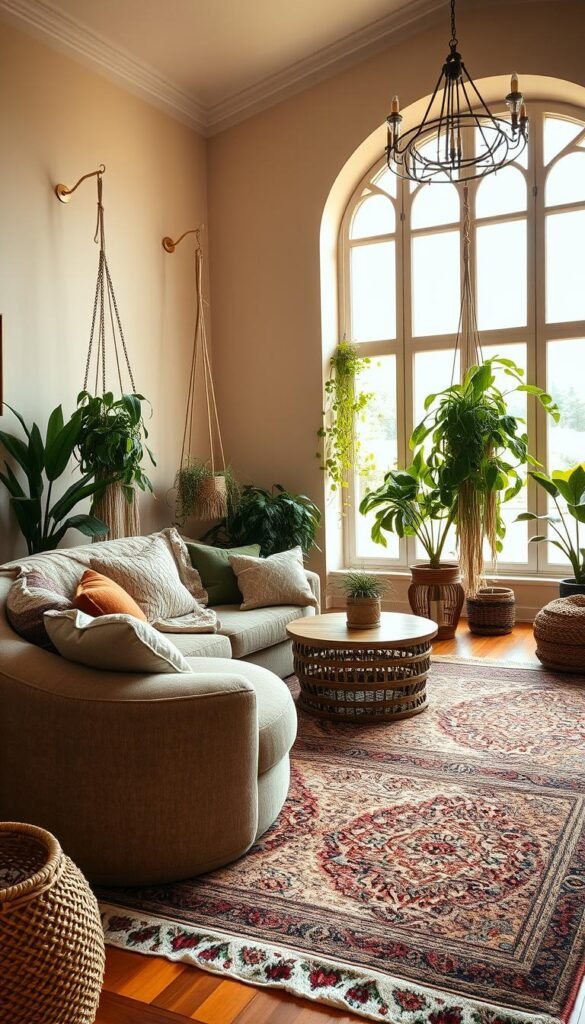 A cozy boho living room with an inviting, free-spirited vibe. In the foreground, a plush, rounded sofa with a mix of textured throw pillows in earthy tones and natural fibers. Beside it, a low, curved coffee table made of wood and rattan. In the middle ground, an ornate, intricately patterned area rug anchors the space. Lush, trailing plants in macrame hangers add organic shapes and a sense of natural abundance. The background features tall, arched windows that flood the room with warm, diffused sunlight, casting a golden glow. Subtle, vintage-inspired lighting fixtures complete the relaxed, bohemian atmosphere. A cozy boho living room with an inviting, free-spirited vibe. In the foreground, a plush, rounded sofa with a mix of textured throw pillows in earthy tones and natural fibers. Beside it, a low, curved coffee table made of wood and rattan. In the middle ground, an ornate, intricately patterned area rug anchors the space. Lush, trailing plants in macrame hangers add organic shapes and a sense of natural abundance. The background features tall, arched windows that flood the room with warm, diffused sunlight, casting a golden glow. Subtle, vintage-inspired lighting fixtures complete the relaxed, bohemian atmosphere.