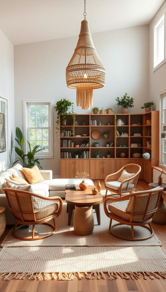 A cozy boho living room with clearly defined zones. In the foreground, a plush L-shaped sofa adorned with textured throw pillows and a woven area rug. In the middle ground, two rattan armchairs flank a low wooden coffee table. Overhead, a large macrame hanging light casts a warm, ambient glow. Along the back wall, a bookcase with trailing plants and decorative accents. Natural light streams in through large windows, illuminating the earthy color palette of warm neutrals, terracotta, and muted greens. The space has a harmonious, relaxed atmosphere, inviting residents to unwind and savor the moment. A cozy boho living room with clearly defined zones. In the foreground, a plush L-shaped sofa adorned with textured throw pillows and a woven area rug. In the middle ground, two rattan armchairs flank a low wooden coffee table. Overhead, a large macrame hanging light casts a warm, ambient glow. Along the back wall, a bookcase with trailing plants and decorative accents. Natural light streams in through large windows, illuminating the earthy color palette of warm neutrals, terracotta, and muted greens. The space has a harmonious, relaxed atmosphere, inviting residents to unwind and savor the moment.