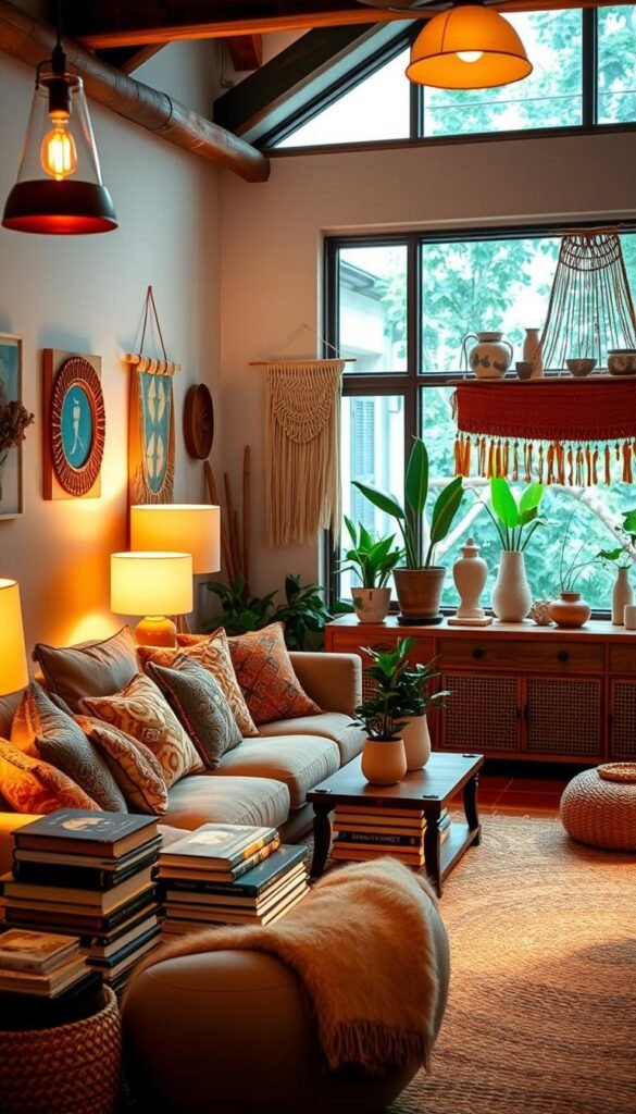 A cozy boho-style living room, bathed in warm, soft lighting from a mix of table lamps and pendant fixtures. The foreground features a plush, oversized sectional sofa adorned with an eclectic array of throw pillows in rich, earthy hues and intricate, woven patterns. Nearby, a low wooden coffee table is topped with stacks of vintage books, a decorative vase, and a lush potted plant. The middle ground showcases a mix of textured elements, including a woven area rug, a macrame wall hanging, and a wooden sideboard displaying an assortment of ceramics and natural décor pieces. The background reveals a large window, letting in natural light and framing a view of potted plants and a hint of outdoor greenery, creating a serene, nature-inspired ambiance. A cozy boho-style living room, bathed in warm, soft lighting from a mix of table lamps and pendant fixtures. The foreground features a plush, oversized sectional sofa adorned with an eclectic array of throw pillows in rich, earthy hues and intricate, woven patterns. Nearby, a low wooden coffee table is topped with stacks of vintage books, a decorative vase, and a lush potted plant. The middle ground showcases a mix of textured elements, including a woven area rug, a macrame wall hanging, and a wooden sideboard displaying an assortment of ceramics and natural décor pieces. The background reveals a large window, letting in natural light and framing a view of potted plants and a hint of outdoor greenery, creating a serene, nature-inspired ambiance.