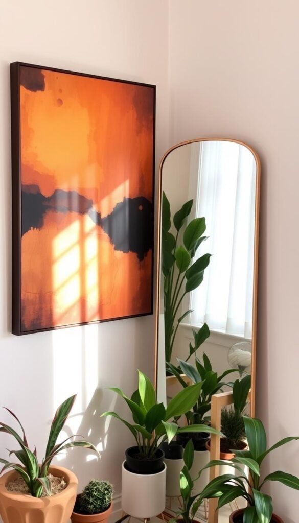 A cozy corner filled with an exquisite abstract painting in warm hues, complemented by a sleek, modern mirror that reflects the artwork and the surrounding decor. Soft, diffused lighting casts a gentle glow, creating an inviting and harmonious atmosphere. The mirror is positioned at a slight angle, adding depth and dimension to the space. Potted plants and carefully curated accessories adorn the area, blending seamlessly with the artwork and mirror to form a visually captivating and aesthetically pleasing corner design. A cozy corner filled with an exquisite abstract painting in warm hues, complemented by a sleek, modern mirror that reflects the artwork and the surrounding decor. Soft, diffused lighting casts a gentle glow, creating an inviting and harmonious atmosphere. The mirror is positioned at a slight angle, adding depth and dimension to the space. Potted plants and carefully curated accessories adorn the area, blending seamlessly with the artwork and mirror to form a visually captivating and aesthetically pleasing corner design.