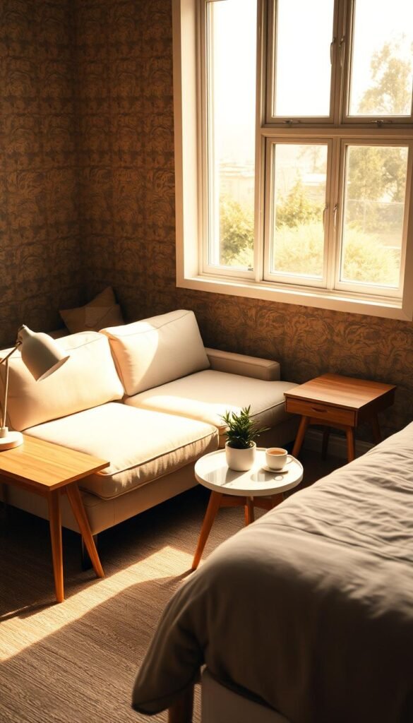 A cozy corner of a bedroom, bathed in warm, natural lighting from a large window. In the foreground, a plush, L-shaped sectional sofa in a soft, neutral tone, its clean lines and compact design perfectly suited for the nook. Flanking it, a pair of mid-century modern end tables with sleek, tapered legs and a natural wood finish, providing additional surface area for lamps and decor. In the middle ground, a small, round side table with a marble top serves as a convenient spot for a potted plant and a steaming cup of coffee. The background features a textured, earthy wallpaper that adds depth and character to the space, complementing the organic, minimalist aesthetic. The overall atmosphere is one of relaxation and intentional, thoughtful design. A cozy corner of a bedroom, bathed in warm, natural lighting from a large window. In the foreground, a plush, L-shaped sectional sofa in a soft, neutral tone, its clean lines and compact design perfectly suited for the nook. Flanking it, a pair of mid-century modern end tables with sleek, tapered legs and a natural wood finish, providing additional surface area for lamps and decor. In the middle ground, a small, round side table with a marble top serves as a convenient spot for a potted plant and a steaming cup of coffee. The background features a textured, earthy wallpaper that adds depth and character to the space, complementing the organic, minimalist aesthetic. The overall atmosphere is one of relaxation and intentional, thoughtful design.