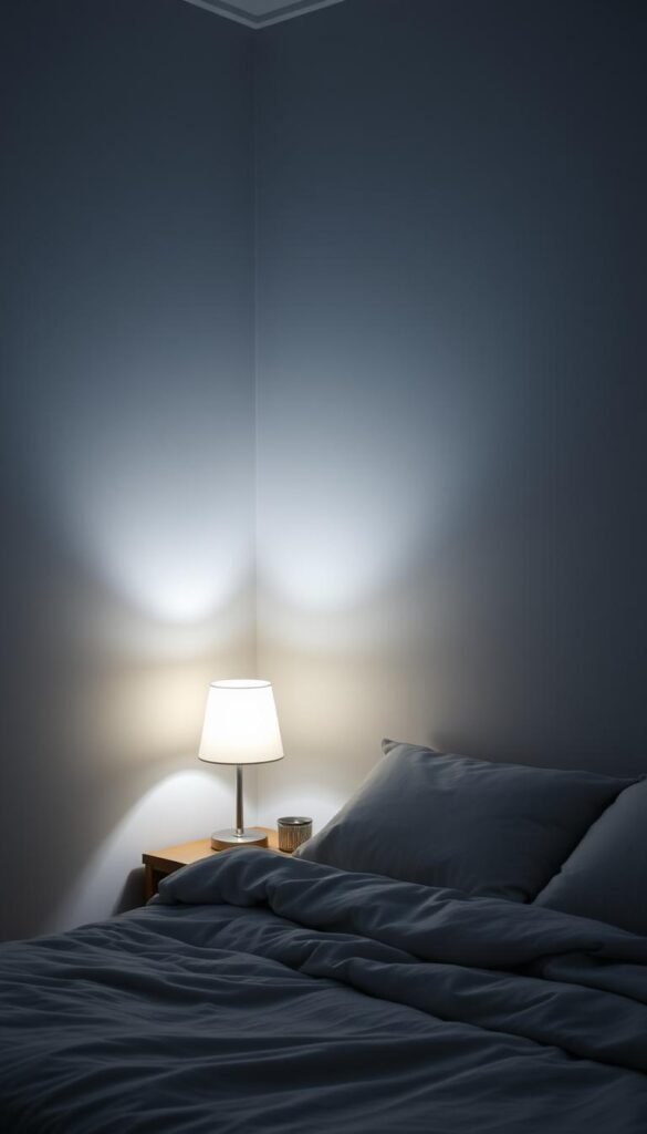 A cozy, dimly lit bedroom with a soothing, muted color palette. The walls are painted in a soft, calming blue-gray hue, creating a serene and tranquil atmosphere. Soft, diffused lighting from a bedside lamp illuminates the room, casting gentle shadows and highlighting the tranquil ambiance. The bed is adorned with plush, neutral-toned bedding, inviting relaxation and rest. A subtle texture, such as linen or velvet, adds depth and visual interest to the space. The room is free of distractions, allowing the viewer to focus on the calming and rejuvenating color scheme.