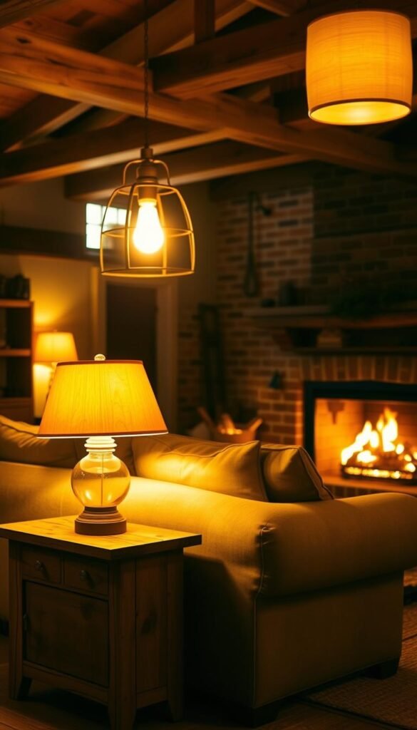 A cozy farmhouse living room bathed in warm, golden lighting. Soft, glowing lamps cast a comforting ambiance, their light reflecting off distressed wood beams and a plush, overstuffed sofa. In the foreground, a rustic wooden end table holds a vintage-style table lamp, its amber-toned shade diffusing a gentle luminescence. In the middle ground, a large, central pendant light hangs above a simple, natural-fiber area rug, its radiant glow illuminating the space. The background features exposed brick walls and a crackling fireplace, casting dancing shadows and a sense of tranquil, homely charm. A cozy farmhouse living room bathed in warm, golden lighting. Soft, glowing lamps cast a comforting ambiance, their light reflecting off distressed wood beams and a plush, overstuffed sofa. In the foreground, a rustic wooden end table holds a vintage-style table lamp, its amber-toned shade diffusing a gentle luminescence. In the middle ground, a large, central pendant light hangs above a simple, natural-fiber area rug, its radiant glow illuminating the space. The background features exposed brick walls and a crackling fireplace, casting dancing shadows and a sense of tranquil, homely charm.