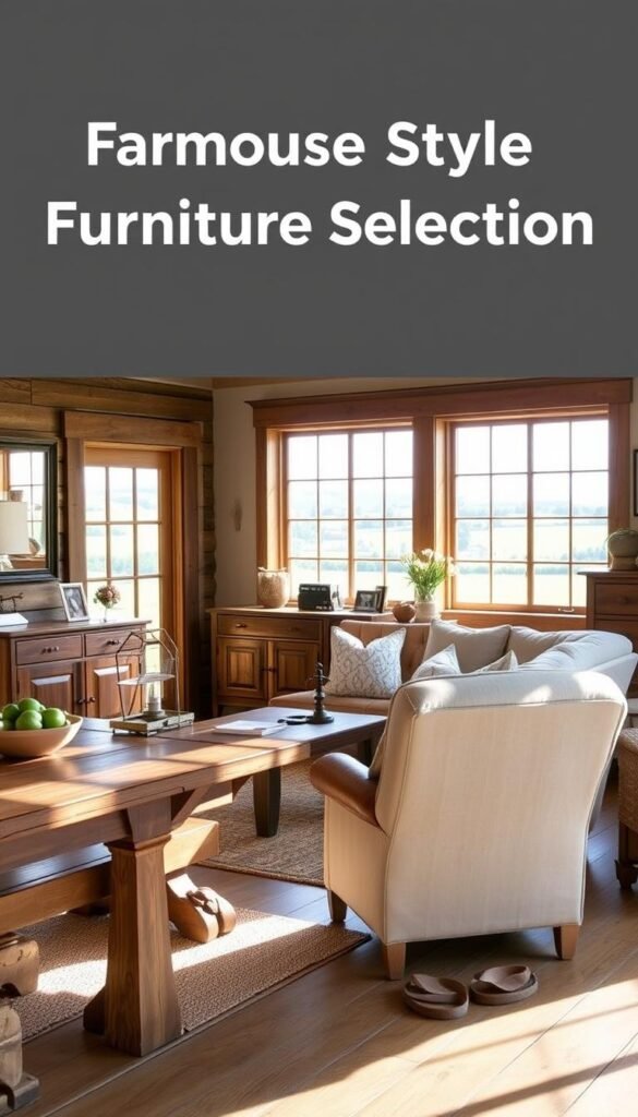 A cozy farmhouse living room featuring a rustic wooden dining table, a plush linen-upholstered sofa, and a weathered leather armchair. The space is bathed in warm, natural lighting, streaming through large windows that overlook a picturesque countryside landscape. Complementing the furniture, a wooden dresser and a vintage-inspired sideboard complete the farmhouse aesthetic. The scene exudes a sense of relaxed, inviting charm, perfectly capturing the essence of the "Farmhouse Style Furniture Selection" for a cozy, rustic living room. A cozy farmhouse living room featuring a rustic wooden dining table, a plush linen-upholstered sofa, and a weathered leather armchair. The space is bathed in warm, natural lighting, streaming through large windows that overlook a picturesque countryside landscape. Complementing the furniture, a wooden dresser and a vintage-inspired sideboard complete the farmhouse aesthetic. The scene exudes a sense of relaxed, inviting charm, perfectly capturing the essence of the "Farmhouse Style Furniture Selection" for a cozy, rustic living room.