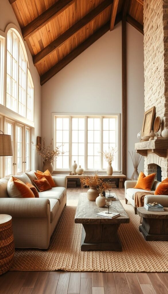 A cozy farmhouse living room filled with natural textures and earthy tones. In the foreground, a plush, overstuffed sofa and matching armchair upholstered in soft, neutral fabrics. A woven area rug in shades of beige, terracotta, and olive grounds the space. On the mantel, a collection of weathered wood frames, ceramic vases, and dried floral arrangements. The middle ground features a sturdy wooden coffee table and side tables made from reclaimed barn wood. Tall, arched windows allow warm, golden natural light to flood the room, casting a soft, romantic glow. In the background, exposed wood beams, whitewashed walls, and a stone fireplace create a rustic, inviting atmosphere, evoking the cozy charm of a farmhouse. A cozy farmhouse living room filled with natural textures and earthy tones. In the foreground, a plush, overstuffed sofa and matching armchair upholstered in soft, neutral fabrics. A woven area rug in shades of beige, terracotta, and olive grounds the space. On the mantel, a collection of weathered wood frames, ceramic vases, and dried floral arrangements. The middle ground features a sturdy wooden coffee table and side tables made from reclaimed barn wood. Tall, arched windows allow warm, golden natural light to flood the room, casting a soft, romantic glow. In the background, exposed wood beams, whitewashed walls, and a stone fireplace create a rustic, inviting atmosphere, evoking the cozy charm of a farmhouse.