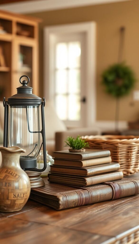 A cozy farmhouse living room showcases rustic decorative accents on a wooden table. In the foreground, a vintage lantern, an antique glass vase, and a woven basket add warm, earthy tones. In the middle ground, a stack of worn leather-bound books and a small potted plant create a lived-in, inviting atmosphere. The background features a warm, golden lighting that casts a soft, natural glow, highlighting the weathered wood and textured fabrics. The overall scene emanates a sense of comfort and charm, perfectly capturing the essence of a cozy farmhouse aesthetic. A cozy farmhouse living room showcases rustic decorative accents on a wooden table. In the foreground, a vintage lantern, an antique glass vase, and a woven basket add warm, earthy tones. In the middle ground, a stack of worn leather-bound books and a small potted plant create a lived-in, inviting atmosphere. The background features a warm, golden lighting that casts a soft, natural glow, highlighting the weathered wood and textured fabrics. The overall scene emanates a sense of comfort and charm, perfectly capturing the essence of a cozy farmhouse aesthetic.