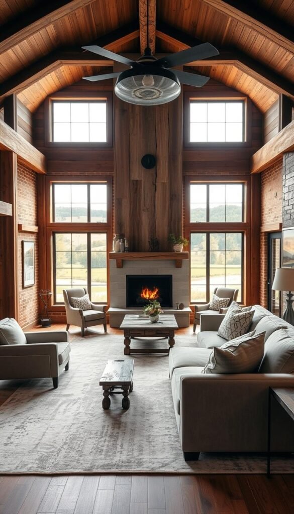 A cozy farmhouse living room with a mix of modern and traditional elements. In the foreground, a plush, oversized sectional sofa in a neutral tone sits atop a large, distressed area rug. Wooden beams and exposed brick walls create a rustic backdrop, while modern pendant lights and sleek metal accents add a contemporary touch. In the middle ground, a large fireplace with a reclaimed wood mantel anchors the space, its warm glow illuminating the room. To the sides, a pair of vintage-inspired armchairs flank a weathered coffee table, creating an inviting conversation area. Through the windows, a lush, rolling countryside landscape with mature trees provides a serene, pastoral view. The overall atmosphere is one of refined, yet comfortable farmhouse charm. A cozy farmhouse living room with a mix of modern and traditional elements. In the foreground, a plush, oversized sectional sofa in a neutral tone sits atop a large, distressed area rug. Wooden beams and exposed brick walls create a rustic backdrop, while modern pendant lights and sleek metal accents add a contemporary touch. In the middle ground, a large fireplace with a reclaimed wood mantel anchors the space, its warm glow illuminating the room. To the sides, a pair of vintage-inspired armchairs flank a weathered coffee table, creating an inviting conversation area. Through the windows, a lush, rolling countryside landscape with mature trees provides a serene, pastoral view. The overall atmosphere is one of refined, yet comfortable farmhouse charm.
