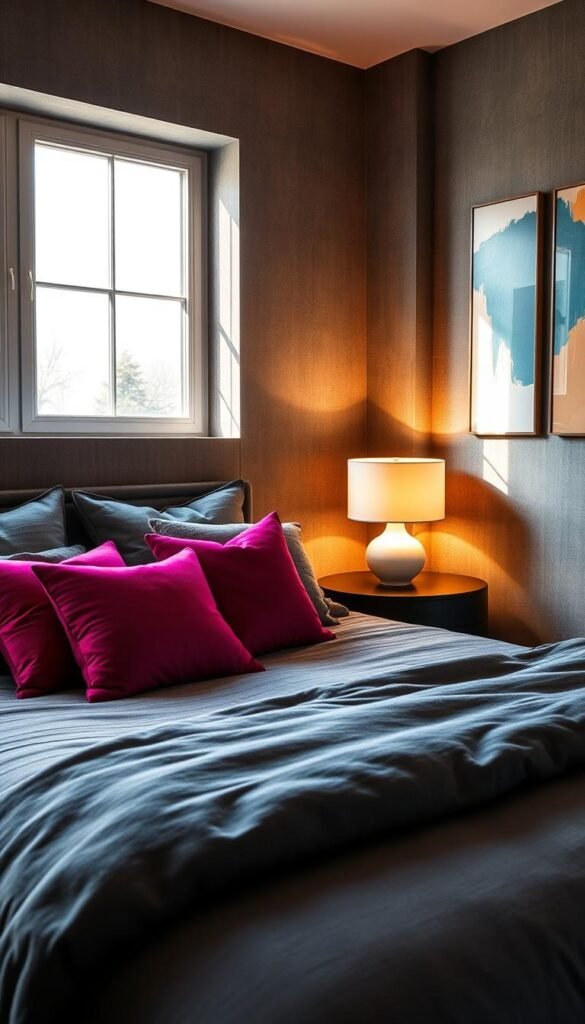 A cozy gray bedroom bathed in warm lighting, showcasing bold and vibrant accent colors. In the foreground, a plush gray bedding set is accented with vivid throw pillows in rich jewel tones, creating a striking visual contrast. The middle ground features a sleek, minimalist nightstand with a sculptural lamp emitting a soft, ambient glow. In the background, a large window allows natural light to filter in, highlighting the textured gray walls adorned with abstract wall art in complementary hues. The overall atmosphere is one of refined elegance and contemporary style. A cozy gray bedroom bathed in warm lighting, showcasing bold and vibrant accent colors. In the foreground, a plush gray bedding set is accented with vivid throw pillows in rich jewel tones, creating a striking visual contrast. The middle ground features a sleek, minimalist nightstand with a sculptural lamp emitting a soft, ambient glow. In the background, a large window allows natural light to filter in, highlighting the textured gray walls adorned with abstract wall art in complementary hues. The overall atmosphere is one of refined elegance and contemporary style.