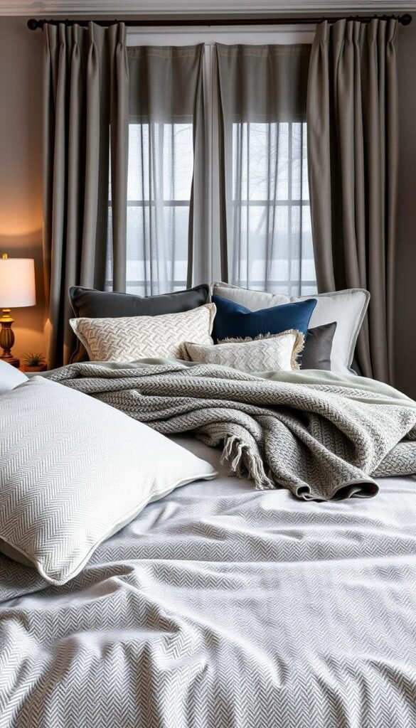 A cozy gray-toned bedroom with a plush, inviting bedding set. The foreground features a soft, textured duvet cover in a subtle herringbone pattern, paired with matching shams and accent pillows. The middle ground showcases a layered arrangement of knitted throws, velvety blankets, and patterned cushions that add depth and visual interest. In the background, a pair of linen curtains in a cool gray hue frame the scene, creating a serene and calming atmosphere. Warm, diffused lighting from a bedside lamp casts a gentle glow, enhancing the luxurious, high-quality fabrics and textures throughout the space. A cozy gray-toned bedroom with a plush, inviting bedding set. The foreground features a soft, textured duvet cover in a subtle herringbone pattern, paired with matching shams and accent pillows. The middle ground showcases a layered arrangement of knitted throws, velvety blankets, and patterned cushions that add depth and visual interest. In the background, a pair of linen curtains in a cool gray hue frame the scene, creating a serene and calming atmosphere. Warm, diffused lighting from a bedside lamp casts a gentle glow, enhancing the luxurious, high-quality fabrics and textures throughout the space.