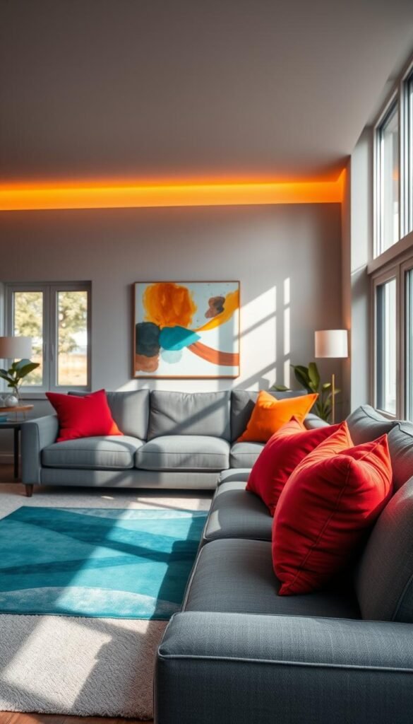 A cozy grey living room bathed in warm, ambient lighting, with bold splashes of vivid color accents strategically placed throughout the space. In the foreground, a plush, deep-toned sofa contrasts with vibrant throw pillows in shades of crimson and ochre. On the middle-ground, a modern, geometric area rug in a striking teal hue grounds the space, while abstract wall art in complementary hues adds a dynamic energy. The background features large windows allowing natural light to filter in, creating a sense of airiness and tranquility. The overall composition evokes a harmonious balance between the muted grey tones and the bold, eye-catching color accents, resulting in a visually striking and inviting living room design. A cozy grey living room bathed in warm, ambient lighting, with bold splashes of vivid color accents strategically placed throughout the space. In the foreground, a plush, deep-toned sofa contrasts with vibrant throw pillows in shades of crimson and ochre. On the middle-ground, a modern, geometric area rug in a striking teal hue grounds the space, while abstract wall art in complementary hues adds a dynamic energy. The background features large windows allowing natural light to filter in, creating a sense of airiness and tranquility. The overall composition evokes a harmonious balance between the muted grey tones and the bold, eye-catching color accents, resulting in a visually striking and inviting living room design.