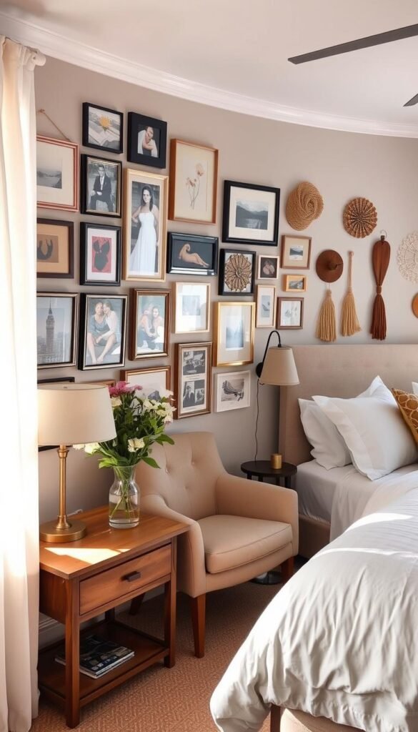 A cozy guest bedroom with a gallery wall showcasing an eclectic mix of framed artwork, personal photographs, and decorative wall hangings. The soft, natural lighting filters through sheer curtains, casting a warm glow across the space. In the foreground, a wooden nightstand holds a reading lamp and a vase of fresh flowers, adding a touch of life and personality. The middle ground features a plush, inviting armchair positioned next to a small side table, creating a welcoming nook for relaxation. The background boasts a beautifully styled bed with crisp linens and an array of decorative pillows, exuding a sense of comfort and homeliness. A cozy guest bedroom with a gallery wall showcasing an eclectic mix of framed artwork, personal photographs, and decorative wall hangings. The soft, natural lighting filters through sheer curtains, casting a warm glow across the space. In the foreground, a wooden nightstand holds a reading lamp and a vase of fresh flowers, adding a touch of life and personality. The middle ground features a plush, inviting armchair positioned next to a small side table, creating a welcoming nook for relaxation. The background boasts a beautifully styled bed with crisp linens and an array of decorative pillows, exuding a sense of comfort and homeliness.
