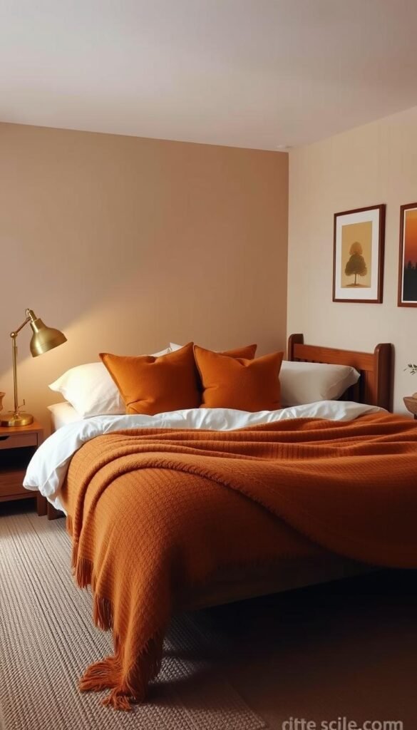A cozy, inviting bedroom bathed in warm, muted tones. The walls feature a soft, earthy beige that creates a soothing ambiance, complemented by plush textiles in rich caramel and ochre hues. Textured throw blankets and pillows add visual interest, while a wooden bed frame and nightstands lend a rustic, comforting feel. Muted lighting from a brass floor lamp casts a gentle glow, creating a serene, intimate atmosphere perfect for relaxation. Framed artwork in muted colors hangs on the walls, tying the entire scene together and evoking a sense of tranquility and comfort.