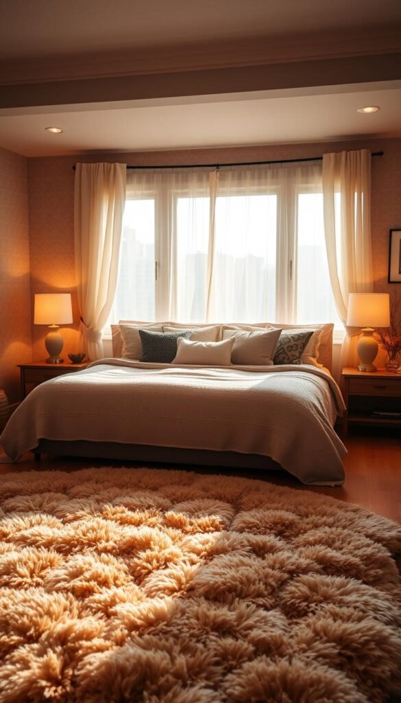 A cozy, inviting bedroom bathed in warm, soft lighting. In the foreground, a plush, textured bedspread in neutral tones covers a comfortable, king-sized bed. Throw pillows in varying fabrics and patterns add visual interest. In the middle ground, a large, fluffy area rug in a rich, earthy color anchors the space. The walls feature a subtle, textured wallpaper that creates a sense of depth and coziness. Soft, sheer curtains frame large windows, letting in just the right amount of natural light. The overall atmosphere is one of relaxation and tranquility, perfect for a restful retreat. A cozy, inviting bedroom bathed in warm, soft lighting. In the foreground, a plush, textured bedspread in neutral tones covers a comfortable, king-sized bed. Throw pillows in varying fabrics and patterns add visual interest. In the middle ground, a large, fluffy area rug in a rich, earthy color anchors the space. The walls feature a subtle, textured wallpaper that creates a sense of depth and coziness. Soft, sheer curtains frame large windows, letting in just the right amount of natural light. The overall atmosphere is one of relaxation and tranquility, perfect for a restful retreat.