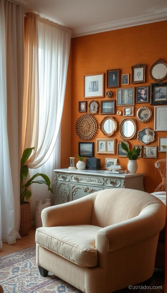 A cozy, inviting bedroom with warm, textured walls that evoke a sense of personal sanctuary. Soft, natural lighting filters through sheer curtains, casting a serene glow on the space. In the foreground, a plush, oversized armchair beckons for quiet contemplation. The middle ground features an ornate, vintage-inspired dresser adorned with personal trinkets and plants, creating a harmonious blend of modern and classic elements. The background showcases a large, artfully curated gallery wall, showcasing a diverse collection of framed artwork, photographs, and decorative mirrors that reflect the owner's unique aesthetic and personality. Overall, the scene conveys a tranquil, introspective atmosphere that inspires relaxation and mindfulness. A cozy, inviting bedroom with warm, textured walls that evoke a sense of personal sanctuary. Soft, natural lighting filters through sheer curtains, casting a serene glow on the space. In the foreground, a plush, oversized armchair beckons for quiet contemplation. The middle ground features an ornate, vintage-inspired dresser adorned with personal trinkets and plants, creating a harmonious blend of modern and classic elements. The background showcases a large, artfully curated gallery wall, showcasing a diverse collection of framed artwork, photographs, and decorative mirrors that reflect the owner's unique aesthetic and personality. Overall, the scene conveys a tranquil, introspective atmosphere that inspires relaxation and mindfulness.