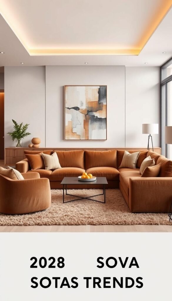 A cozy, inviting living room design showcasing the latest 2026 sofa trends. In the foreground, a plush, modular sofa in a rich, earthy tone takes center stage, complemented by a pair of sculptural armchairs. Soft, indirect lighting creates a warm ambiance, while a shag rug in a complementary hue anchors the space. In the middle ground, a sleek, minimalist coffee table with clean lines reflects the contemporary aesthetic. The background features a feature wall with a captivating abstract art piece, framed by floor-to-ceiling windows that flood the room with natural light. The overall design exudes a sense of personal style and comfort, perfectly illustrating how 2026 sofa trends can elevate a living space. A cozy, inviting living room design showcasing the latest 2026 sofa trends. In the foreground, a plush, modular sofa in a rich, earthy tone takes center stage, complemented by a pair of sculptural armchairs. Soft, indirect lighting creates a warm ambiance, while a shag rug in a complementary hue anchors the space. In the middle ground, a sleek, minimalist coffee table with clean lines reflects the contemporary aesthetic. The background features a feature wall with a captivating abstract art piece, framed by floor-to-ceiling windows that flood the room with natural light. The overall design exudes a sense of personal style and comfort, perfectly illustrating how 2026 sofa trends can elevate a living space.