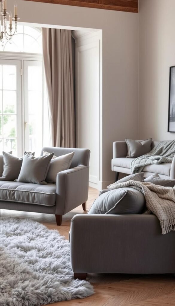 A cozy, inviting living room with a focus on soft, sumptuous grey textiles and furnishings. In the foreground, a plush grey velvet sofa, accompanied by matching throw pillows and a fluffy grey rug. In the middle ground, a sleek grey armchair and a grey linen curtain panel cascading from the window, filtered with a warm, natural light. In the background, a grey linen-upholstered bench and a grey knitted blanket draped over a chaise lounge, creating a serene, soothing atmosphere. The overall scene evokes a sense of comfort, elegance, and relaxation, perfectly capturing the essence of incorporating grey into a living space. A cozy, inviting living room with a focus on soft, sumptuous grey textiles and furnishings. In the foreground, a plush grey velvet sofa, accompanied by matching throw pillows and a fluffy grey rug. In the middle ground, a sleek grey armchair and a grey linen curtain panel cascading from the window, filtered with a warm, natural light. In the background, a grey linen-upholstered bench and a grey knitted blanket draped over a chaise lounge, creating a serene, soothing atmosphere. The overall scene evokes a sense of comfort, elegance, and relaxation, perfectly capturing the essence of incorporating grey into a living space.