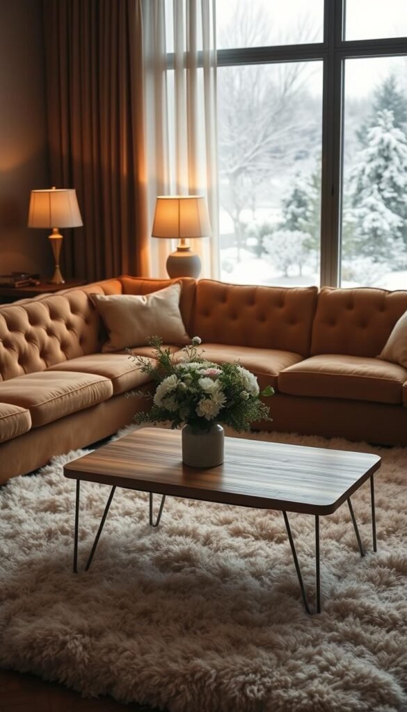 A cozy, inviting living room with a plush, tufted sectional sofa in a warm, earthy color. Soft lighting from a pair of brass lamps with linen shades casts a gentle glow, while a large, fluffy area rug in a neutral tone anchors the space. A mid-century inspired coffee table with a wood top and metal frame sits in the foreground, topped with a vase of fresh flowers. In the background, a large window offers a view of a snowy, winter landscape, with sheer curtains softening the light. The overall atmosphere is one of comfort and relaxation, encouraging you to curl up and never leave. A cozy, inviting living room with a plush, tufted sectional sofa in a warm, earthy color. Soft lighting from a pair of brass lamps with linen shades casts a gentle glow, while a large, fluffy area rug in a neutral tone anchors the space. A mid-century inspired coffee table with a wood top and metal frame sits in the foreground, topped with a vase of fresh flowers. In the background, a large window offers a view of a snowy, winter landscape, with sheer curtains softening the light. The overall atmosphere is one of comfort and relaxation, encouraging you to curl up and never leave.